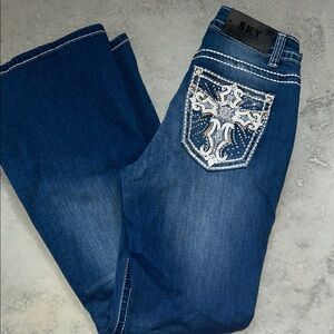 Sky Women's Dark Blue Boot Cut Jeans with Embellished Pocket